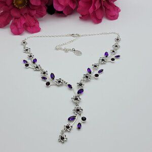 Danbury Mint Floral Bib Necklace Mulberry Blooms Silver Tone Purple Crystal 20"